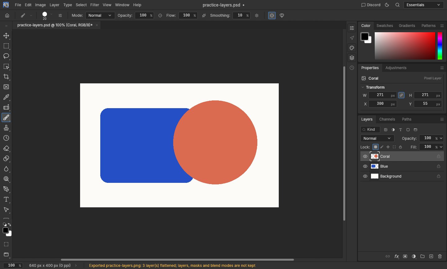 PhotoCraft showing the practice image and its Coral, Blue and Background layers